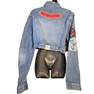 Y2K ROCAWEAR Skater Womens 3XL Denim Jacket Cropped Jean Streetwear Patches hip